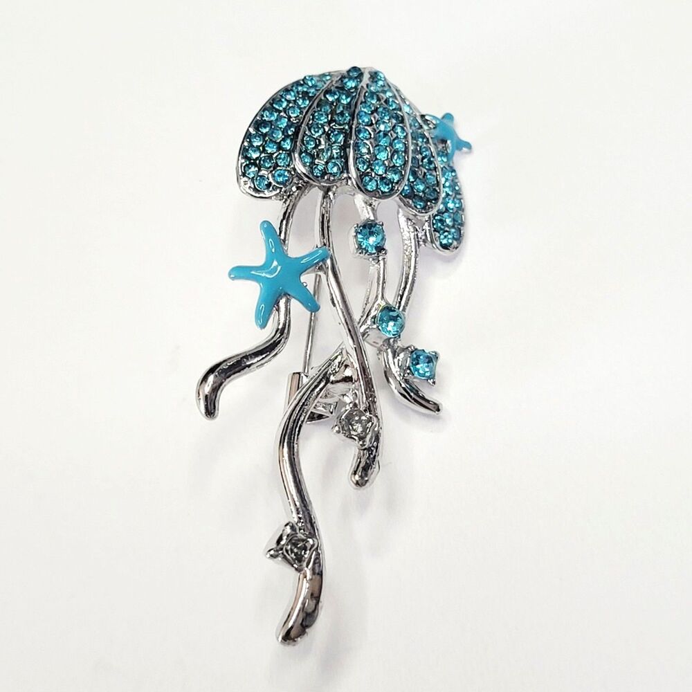 NWT Jellyfish Brooch Aqua Blue Silver Color With Starfish And Rhinestones - S